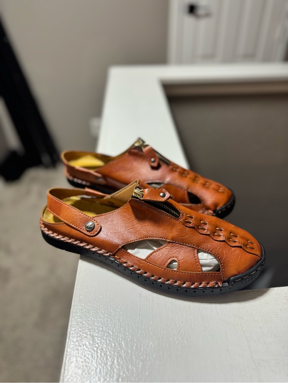 Men's Tan Leather Slingback closed toe Sandals with Zipper Accent 46/12.5